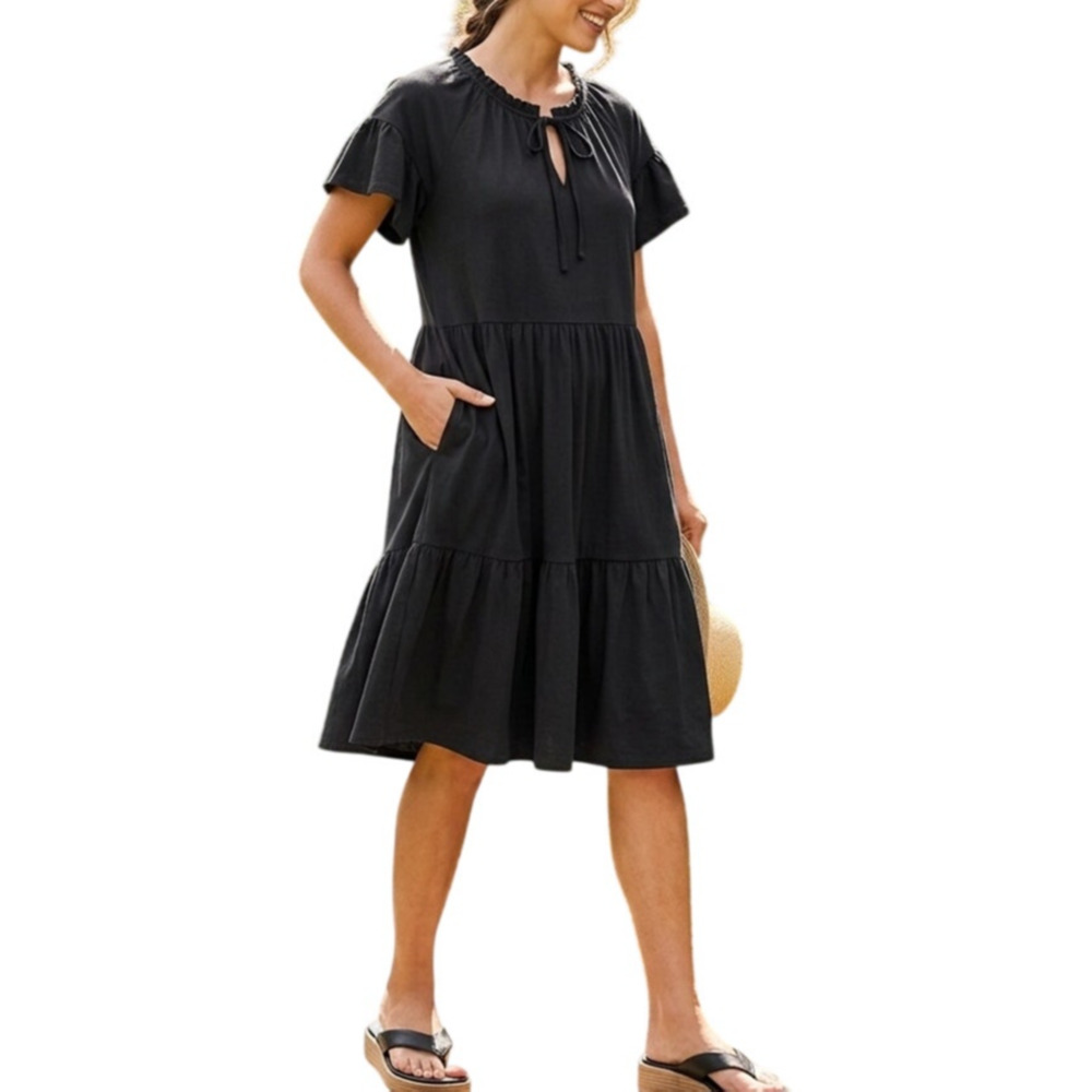 Seven7 Black Cottagecore Dress 1X Tiered Ruffle Pockets Casual Basic Neutral NWT